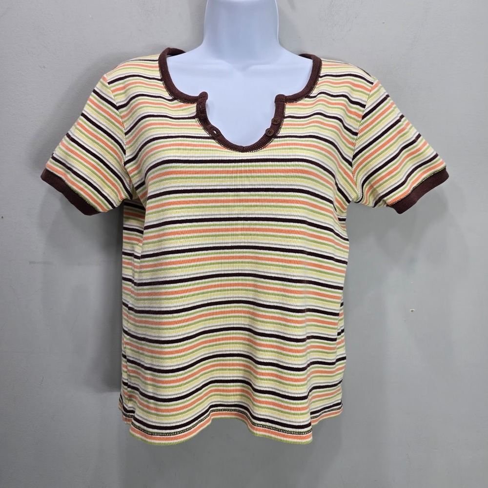 Vintage Sag Harbor Striped Ribbed Top Small 90s Y2K Green Orange Brown Grunge
